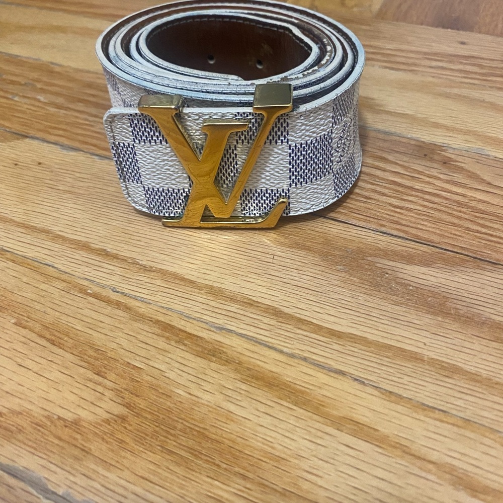 Louis Vuitton White and Blue Checkered Belt with Gold Buckle